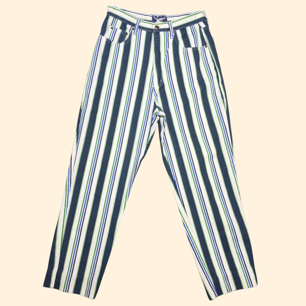 1990s Striped Taper Leg High Rise Jeans ~ Medium ~ Blue Green White